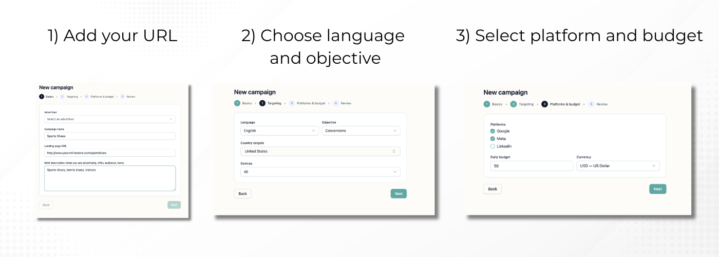 Three steps to create a campaign: add your URL, choose language and objective, select platform and budget